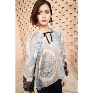 Ulla Johnson Pauline Peasant Blouse Silk Size 2 Cream Shibori Print Drape Sleeve